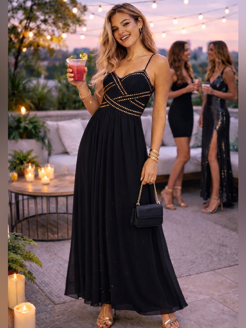 NWT - Beautiful Betsy & Adam Black Maxi Dress with Gold Detailing